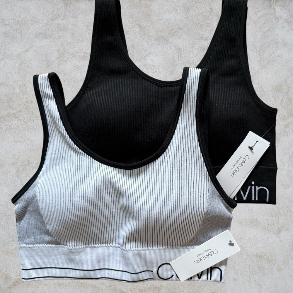 Calvin Klein Performance Set of Two Low Impact Sports Bras Med Black White New